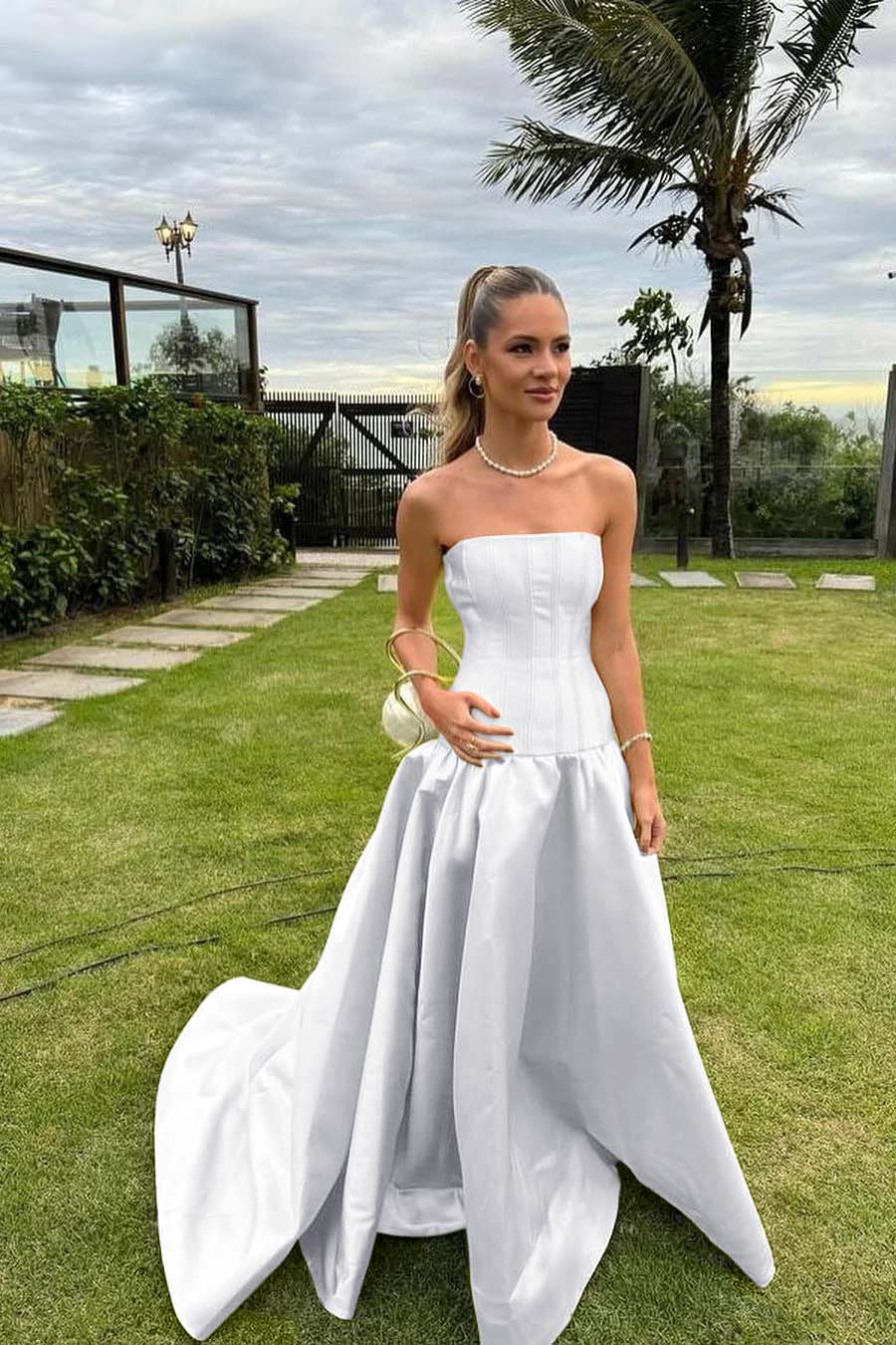 Chic Strapless Sleeveless Bateau Long Prom Dress With Pleated BMBRIDE