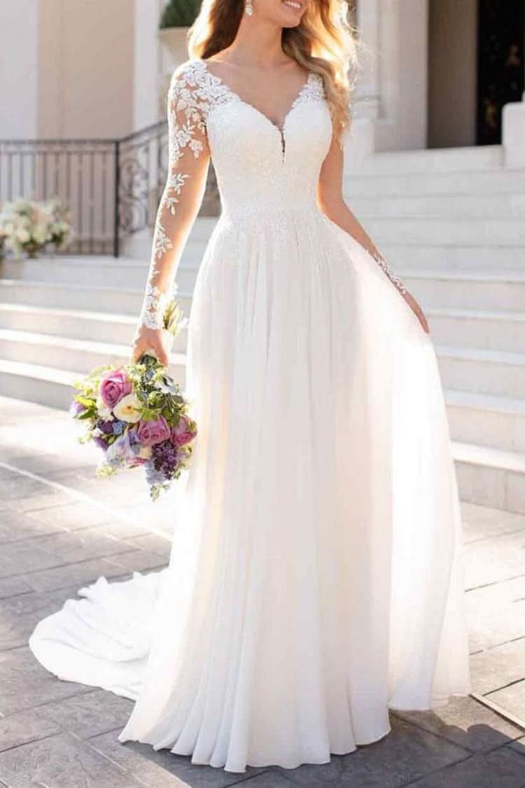 Long Sleeve Lace Tulle Wedding Dress BM bride