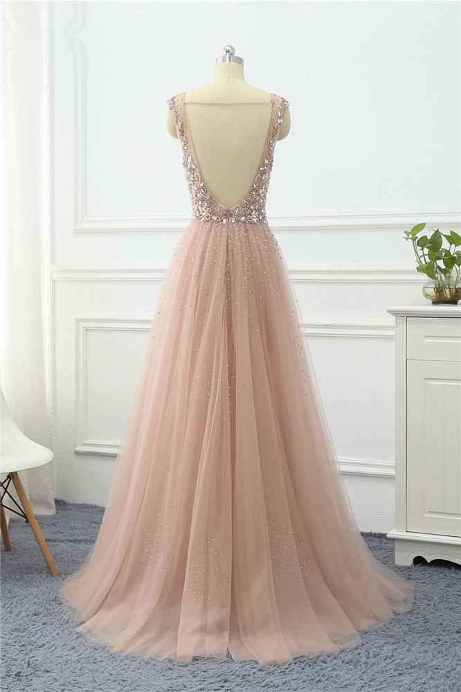 Straps V Neck Sleeveless Tulle A Line Prom Dress Long With Beading