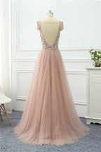 Straps V Neck Sleeveless Tulle A Line Prom Dress Long With Beading