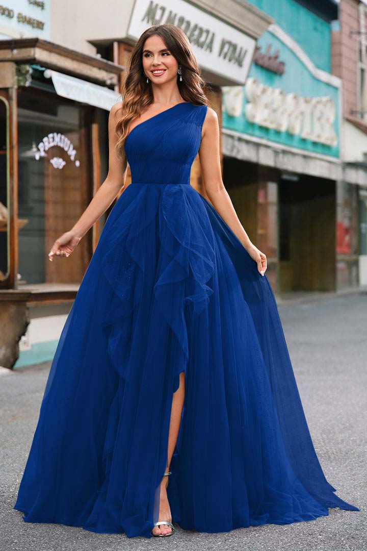 One Shoulder Sleeveless Long Split Prom Dress With Sequins Tulle