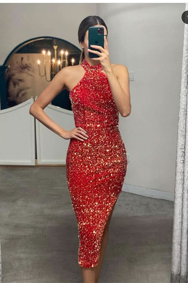 Elegant Halter Sequined Mermaid Prom Dress BM bride
