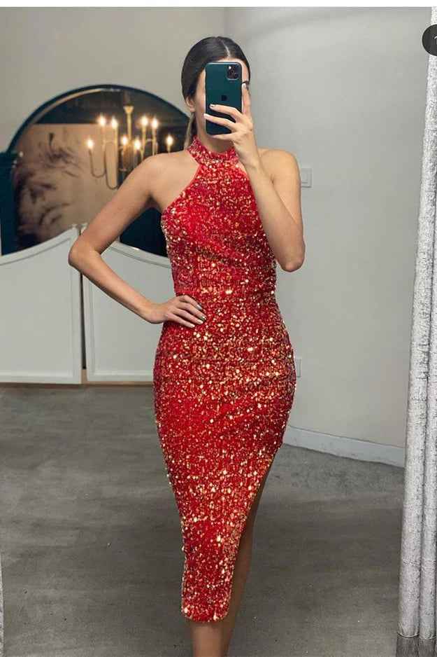 Halter Sleeveless Short Elegant Prom Sequins Dress With Side Split Online