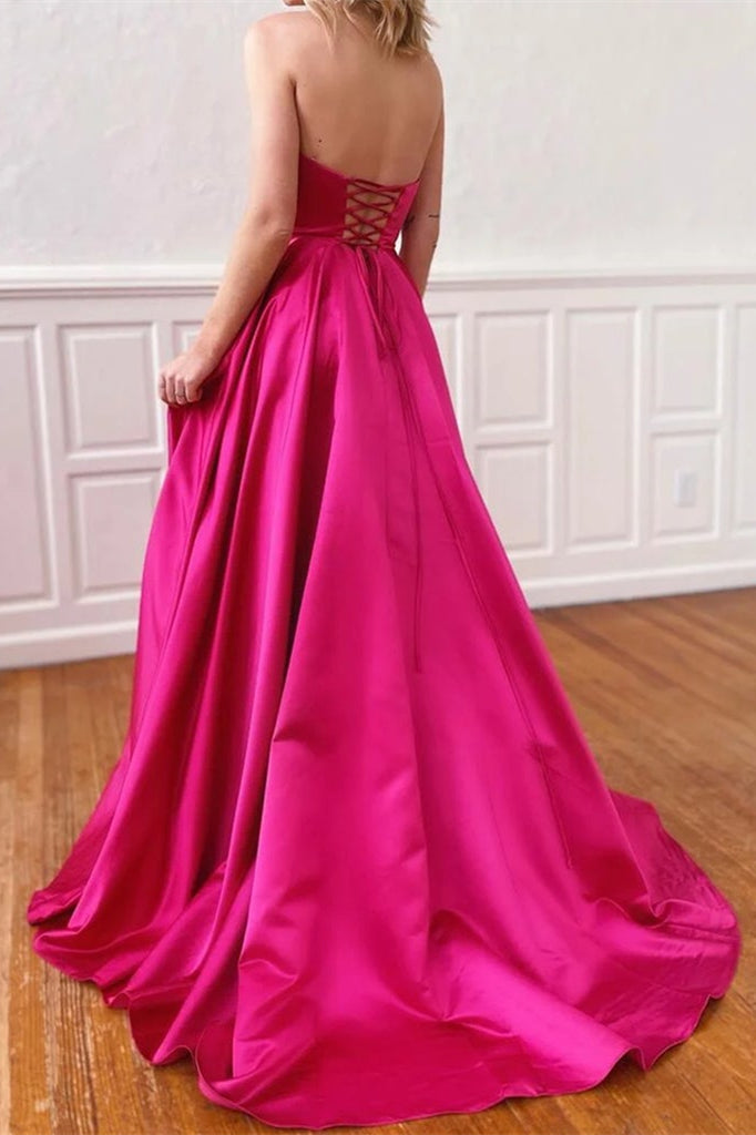 Fuchsia Strapless Prom Dress with Pockets Side Split BM bride