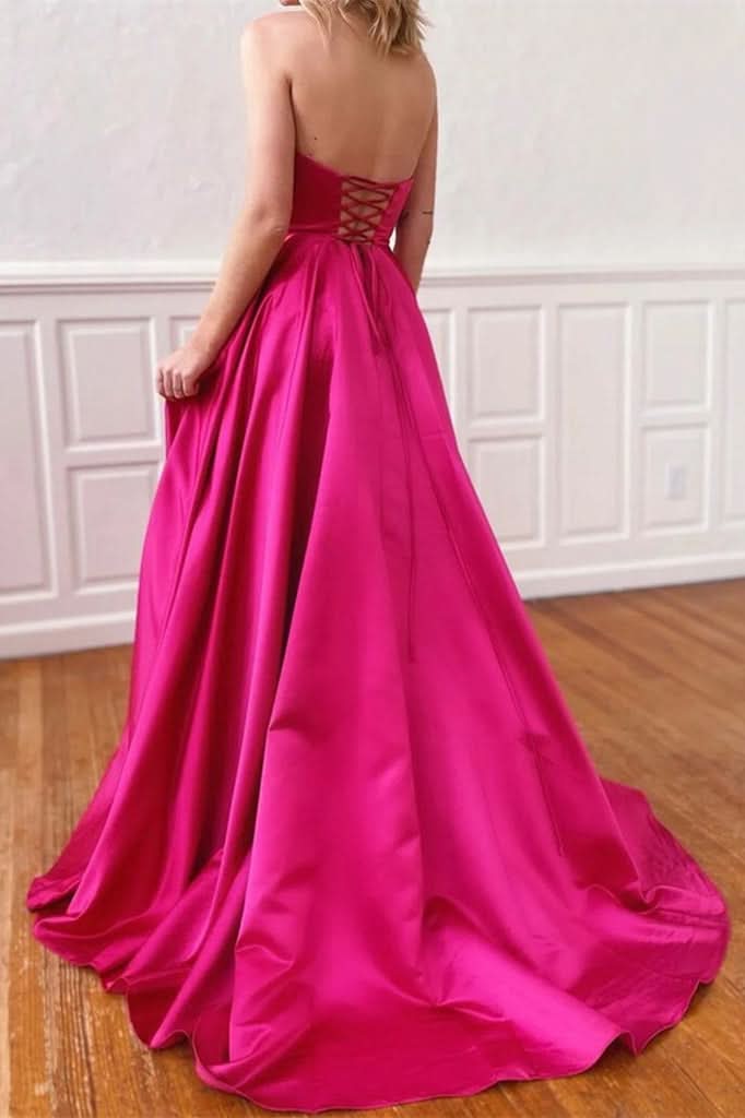 Fuchsia Strapless Prom Dress with Pockets Side Split BM bride