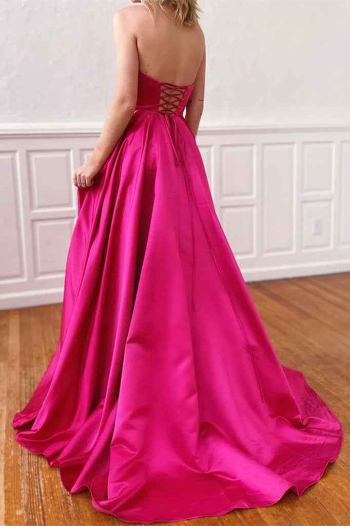 Fuchsia Strapless Sleeveless A Line Long Prom Dress With Pockets Side Split