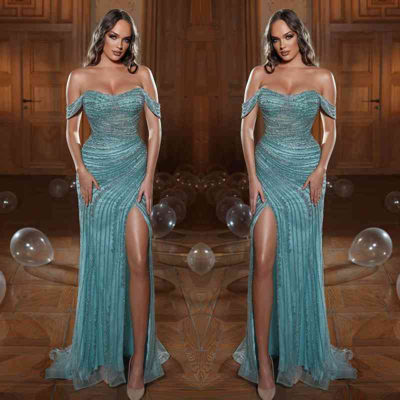 Charming Green Evening Dress Prom Dress Strapless Off-the-Shoulder with Sequins and Slit BM bride