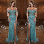 Charming Green Evening Dress Prom Dress Strapless Off-the-Shoulder with Sequins and Slit BM bride