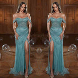 Charming Green Evening Dress Prom Dress Strapless Off-the-Shoulder with Sequins and Slit BM bride