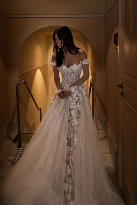 Off-the-Shoulder A-Line Wedding Dress with Lace BM bride