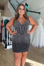 Sparkly Navy Beaded Corset Lace-Up Back Tight Short Homecoming Dress Bmbride