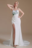 Gorgeous Satin Spaghetti Strap Open Back Long Mermaid Wedding Dress with Slit BM bride