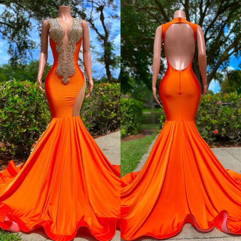 Bright Orange V Neck Sleeveless Mermaid Prom Dress with Appliques BM bride