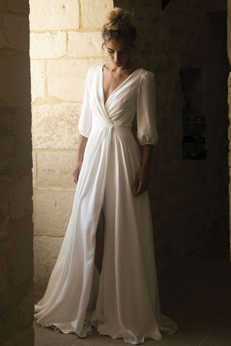 Half Sleeve V-Neck Wedding Dress BM bride