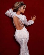 Exquisite Halter White Long Sleeves Mermaid Prom Dress With Beading