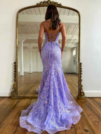 Spaghetti Strap Backless Sleeveless Mermaid Long Prom Dress With Appliques