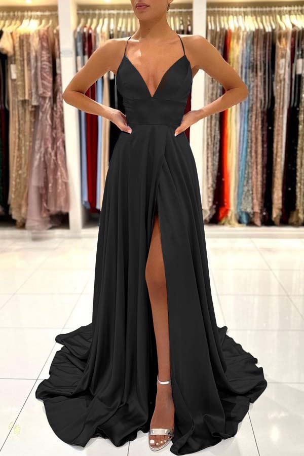 Simple Blue A Line Sleeveless Spaghetti Strap Split Prom Dress With Open Back BMBRIDE