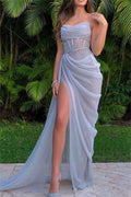 Glamorous Tulle Spaghetti Strap Sleeveless Pleated Long Prom Dress With Split
