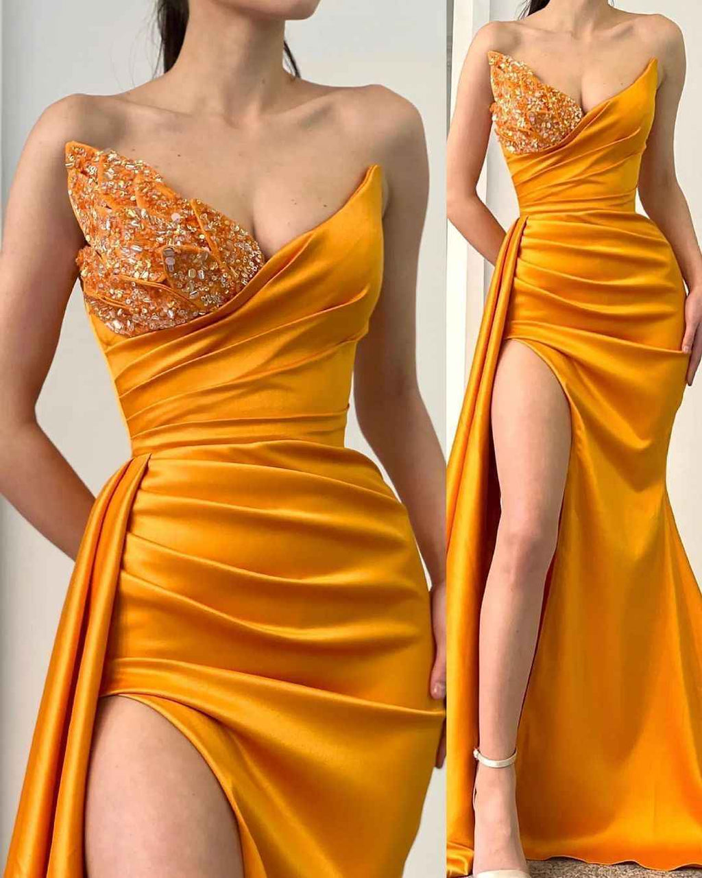 Rhinestone Strapless Sleeveless High Slit Mermaid Prom Dress