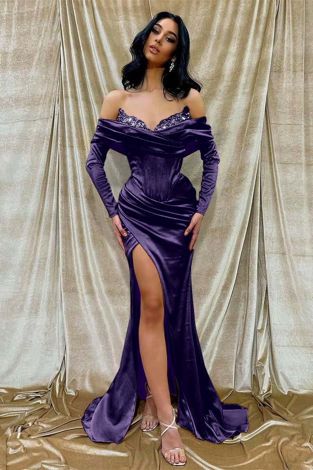 Off the Shoulder Long Sleeves Mermaid Long Prom Dress With Beading BMBRIDE