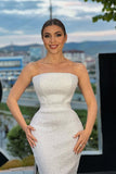 White Strapless Sleeveless Mermaid Prom Dress with Sequins and Belt BM bride