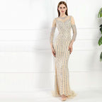 Grey Luxury Long Sleeves Evening Dress with Sparkly Diamond Beading BM bride