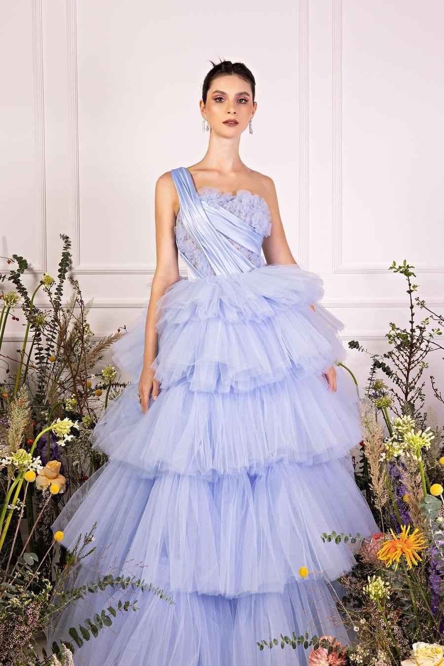 Chic Tulle One Shoulder Sleeveless Ball Gown Long Prom Dress