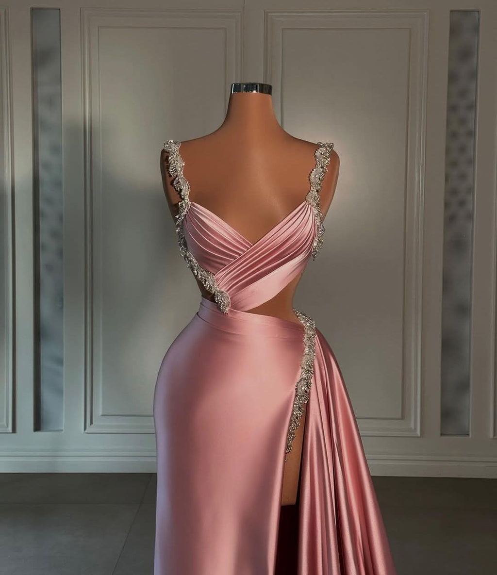 Glamorous Pink Sweetheart Spaghetti Strap Prom Dress with High Slit Trail BM bride