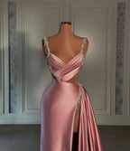 Glamorous Pink Sweetheart Spaghetti Strap Prom Dress with High Slit Trail BM bride