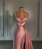 Glamorous Pink Prom Dress Spaghetti Strap With High Slit Trail