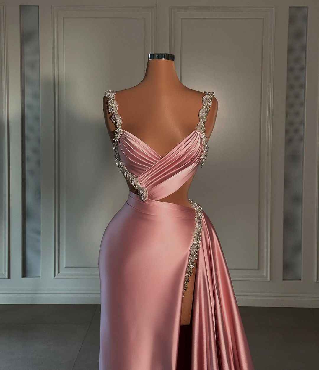Glamorous Pink Prom Dress Spaghetti Strap With High Slit Trail