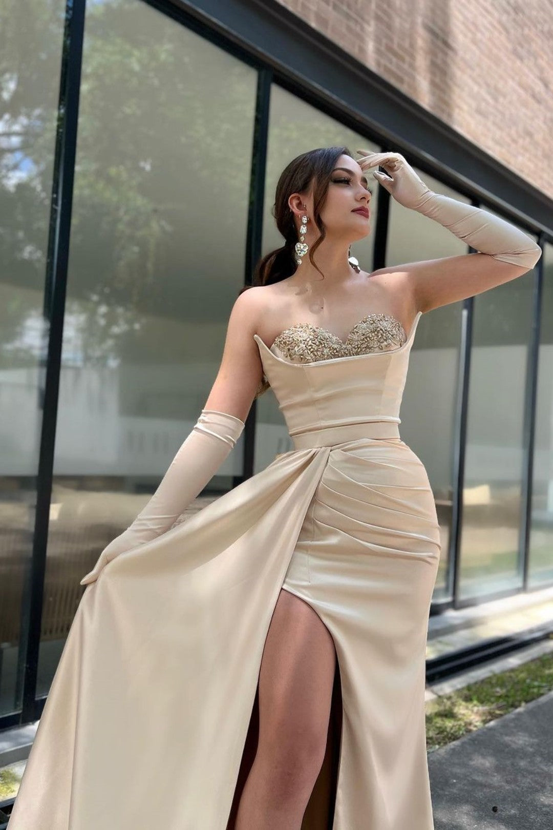 Champagne Sweetheart Prom Dress with Sleeves and High Slit BM bride