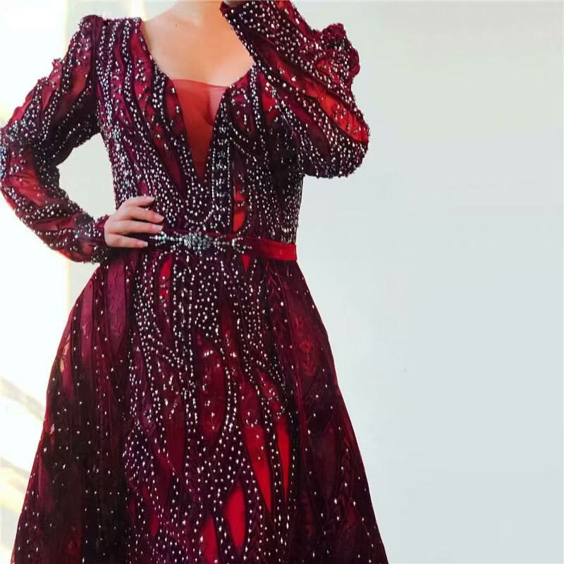 Luxury Sequin Beaded Long Sleeve A-Line Prom Dress BM bride