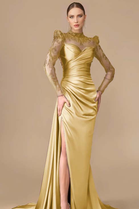 Long Sleeves Long Mermaid Prom Dress With Split Pleated Appliques BMBRIDE
