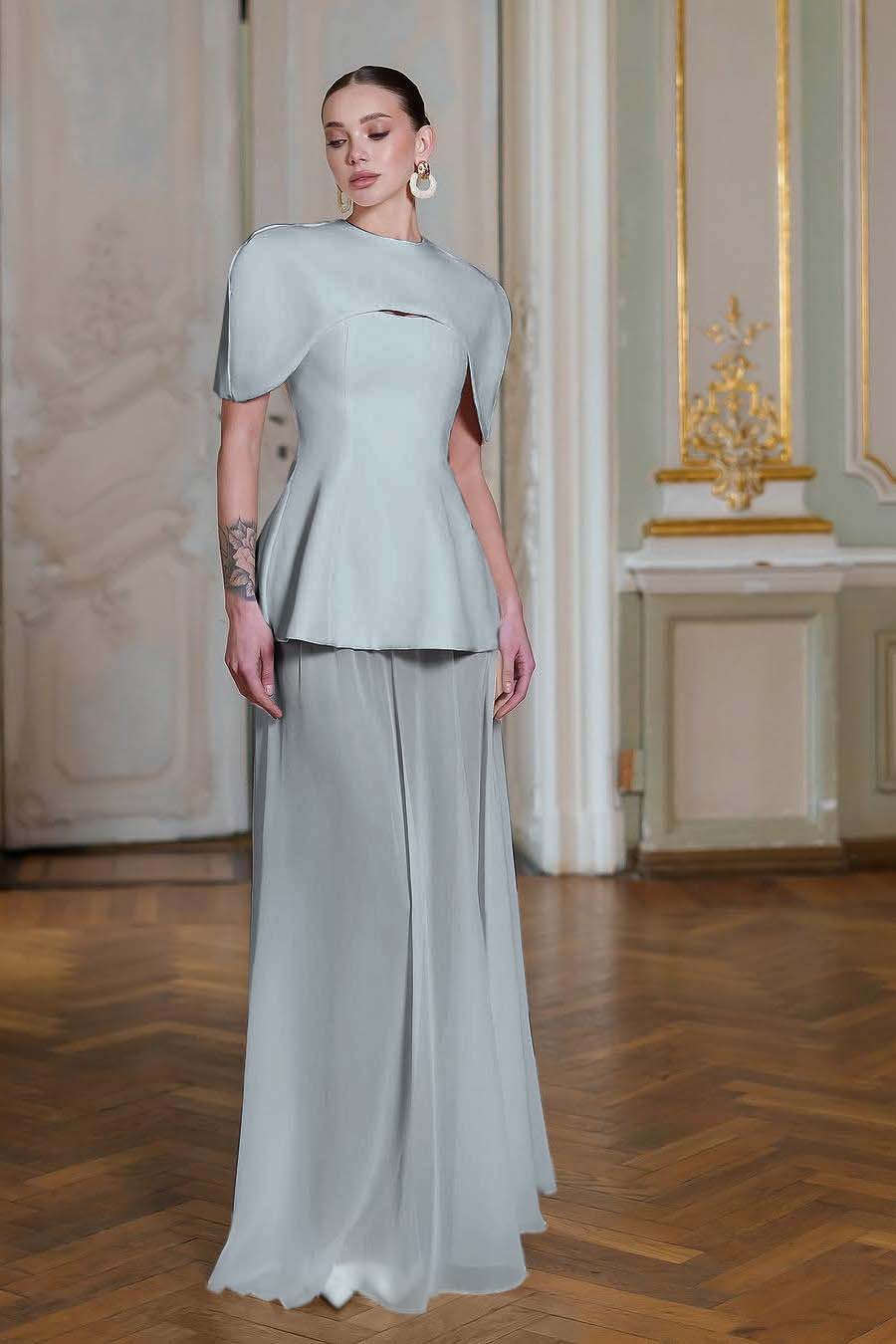 Chiffon Sleeveless Long Mermaid Prom Dress With Pleated Shawl BMBRIDE