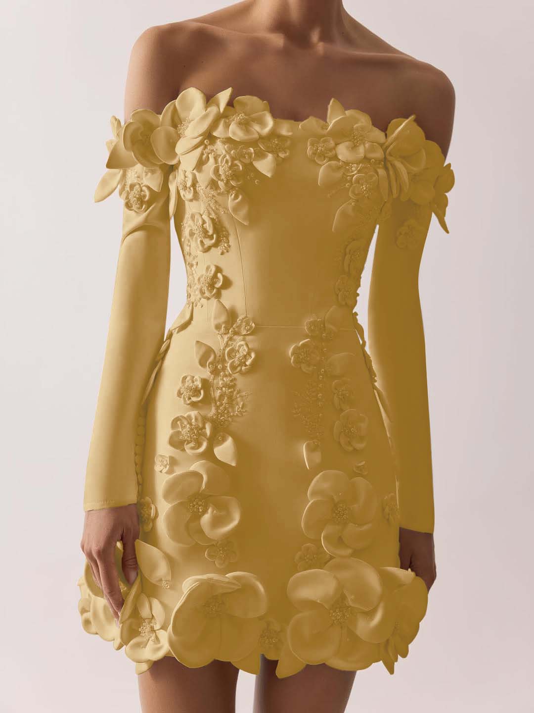 Off the Shoulder Long Sleeves Short Prom Dress With Appliques BMBRIDE