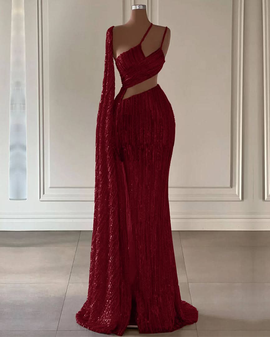 Burgundy Sequined Mermaid Prom Dress with Split and Long Ruffles BM bride