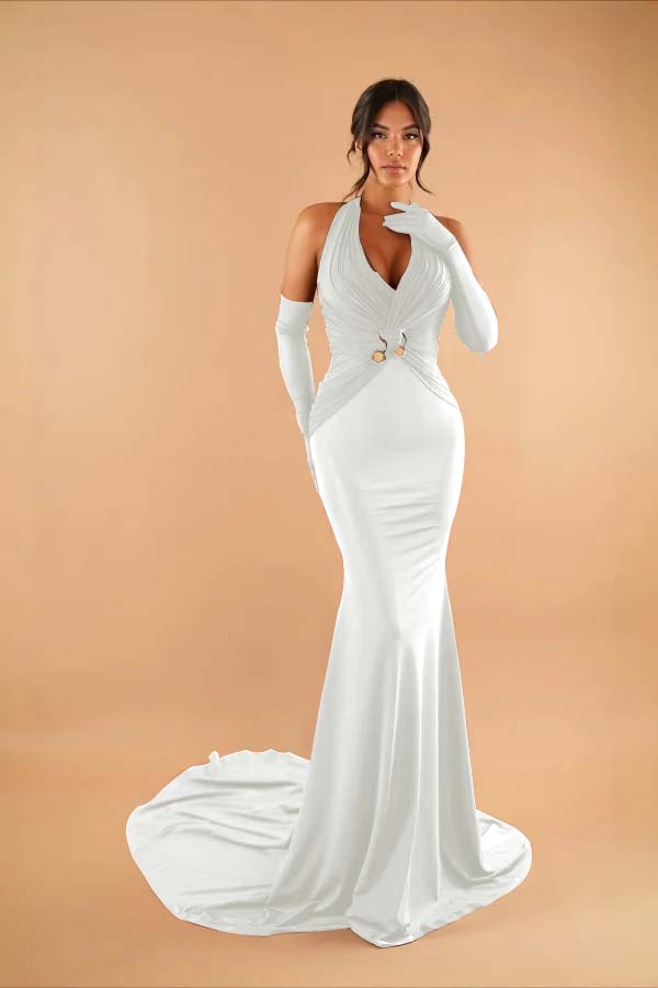 Halter Sleeveless Long Mermaid Prom Dress With Pleated Gloves BMBRIDE