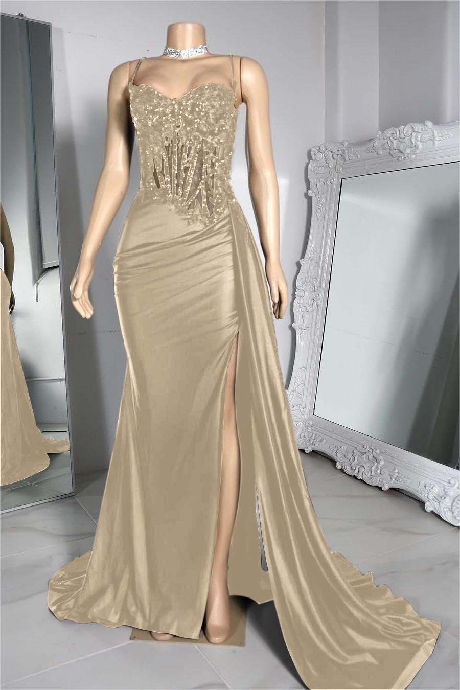 Exquisite Black Spaghetti Strap Sleeveless Pleated Long Split Prom Dress With Beading BMBRIDE
