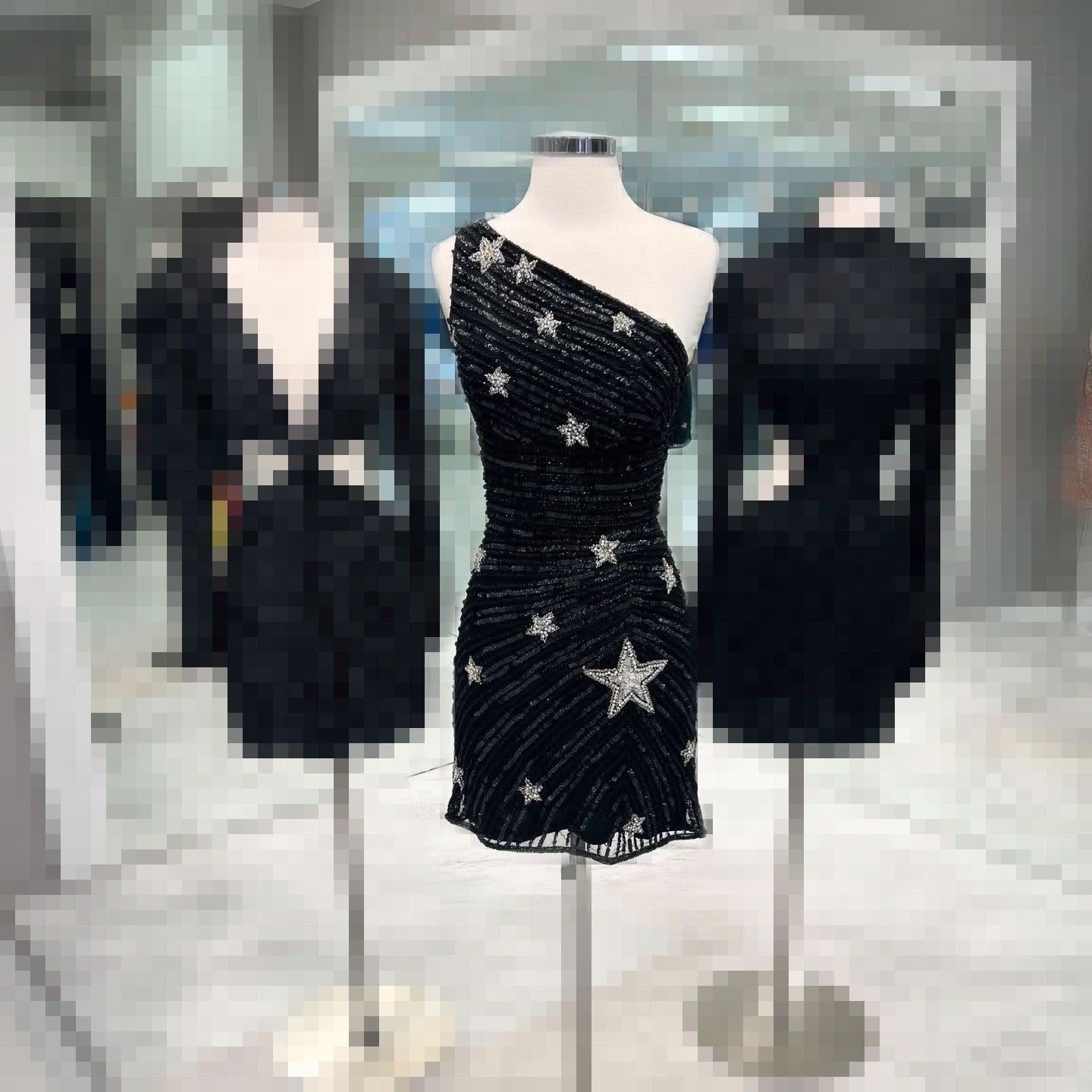 Glamorous Black Bodycon One Shoulder Sequin Star Above Knee Homecoming Dress BM bride