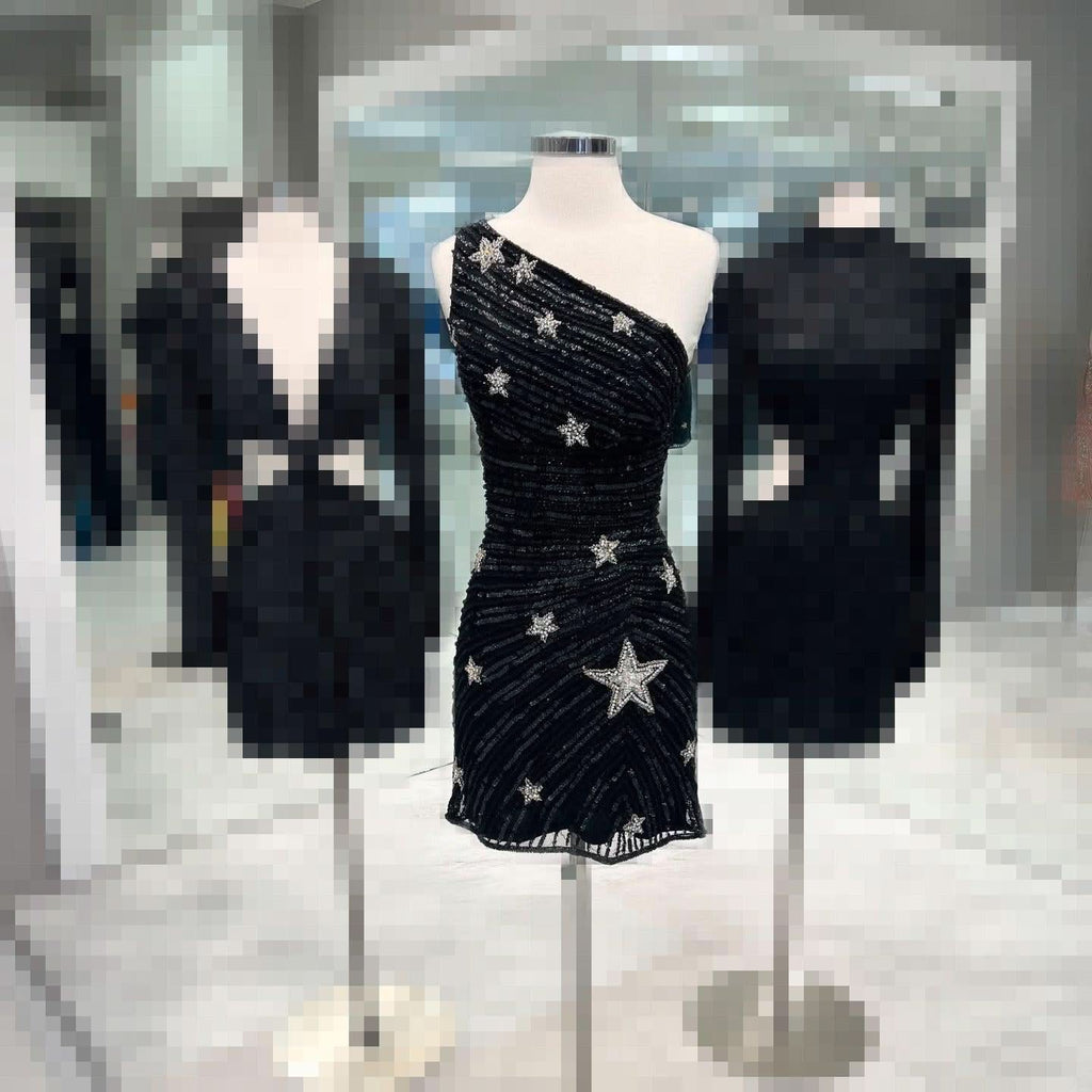 Glamorous Black Bodycon One Shoulder Sequin Star Above Knee Homecoming Dress BM bride