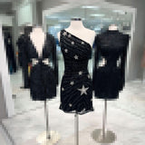 Glamorous Black Bodycon One Shoulder Sequin Star Above Knee Homecoming Dress BM bride