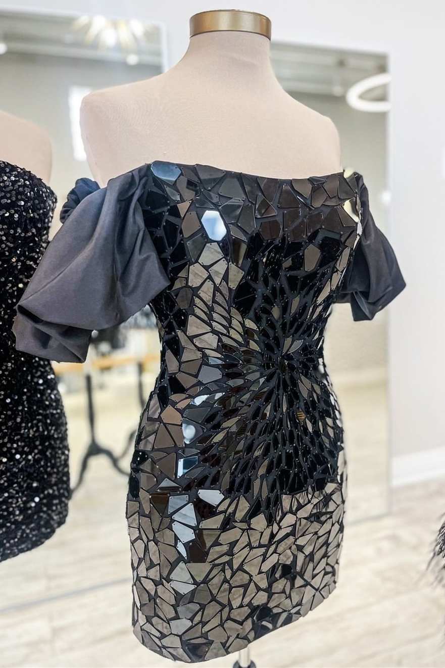 Black Cut Glass Mirror Off-the-Shoulder Short Party Dress BM bride