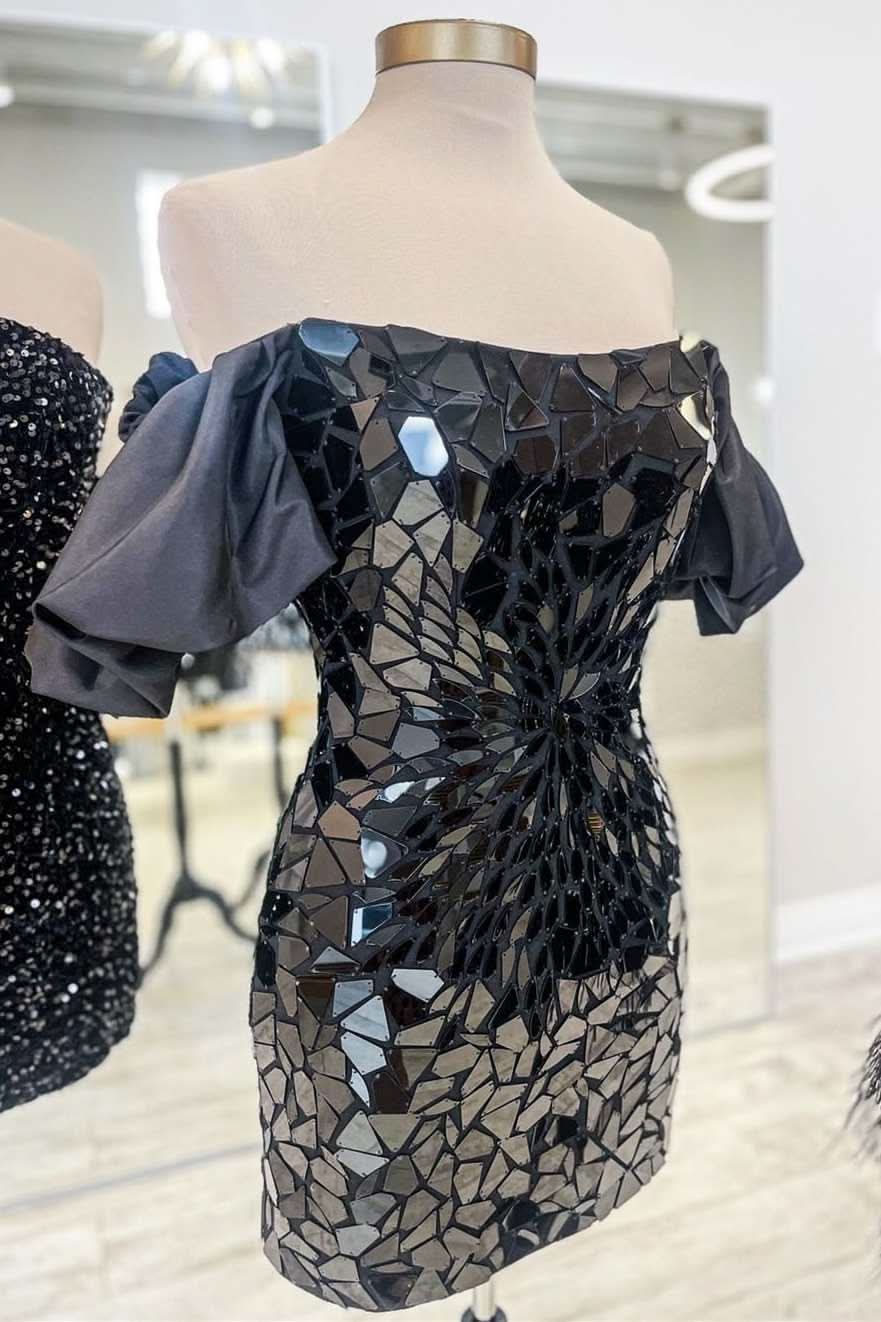 Black Cut Glass Mirror Off-the-Shoulder Short Party Dress BM bride