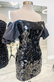 Black Cut Glass Mirror Off-the-Shoulder Short Party Dress BM bride