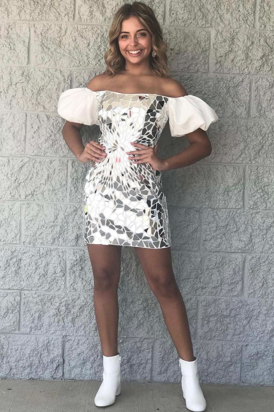 Stylish Black Cut Glass Mirror Puff Sleeve Short Homecoming Dress BM bride