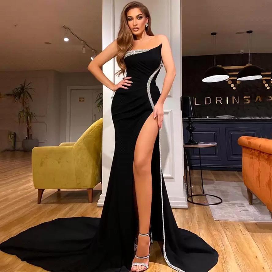 BMbride Black Elegant Strapless Sleeveless High Split Sequined Mermaid Evening Dresses BMbride