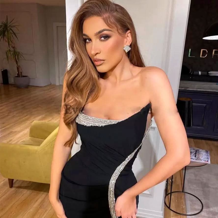 BMbride Black Elegant Strapless Sleeveless High Split Sequined Mermaid Evening Dresses BMbride