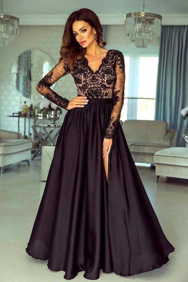 BMbride Black Floral Lace Long Sleeves Evening Maxi Dress BMbride