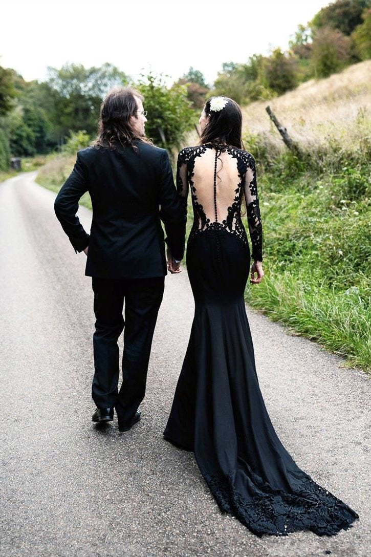 BMbride Black Long Sleeves Mermaid Wedding Dress with Sweep Train BMbride